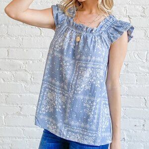 NEW ANDTHEWHY - Boho Print Rayon Linen Ruffle Baby Doll Top Plus Size 1X